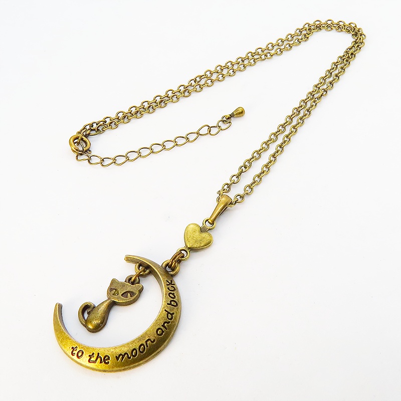 アンティークゴールド 三日月と猫の大人可愛いネックレス ゴシック ハート ムーンネックレス アジャスター付 長さ調整可