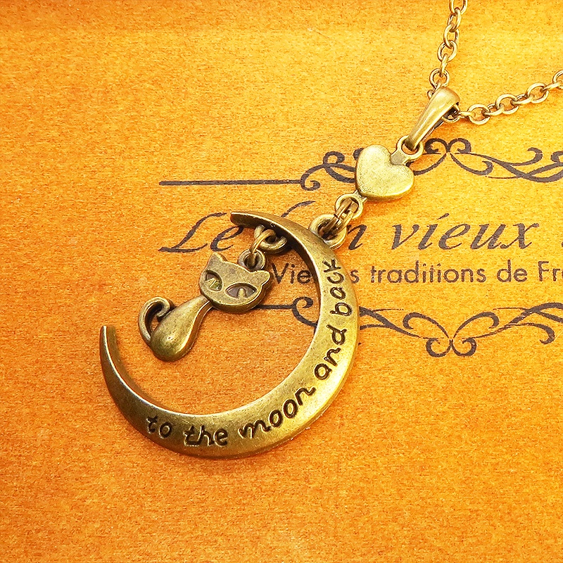 アンティークゴールド 三日月と猫の大人可愛いネックレス ゴシック ハート ムーンネックレス アジャスター付 長さ調整可