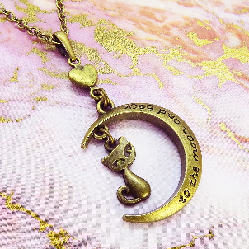 アンティークゴールド 三日月と猫の大人可愛いネックレス ゴシック ハート ムーンネックレス アジャスター付 長さ調整可