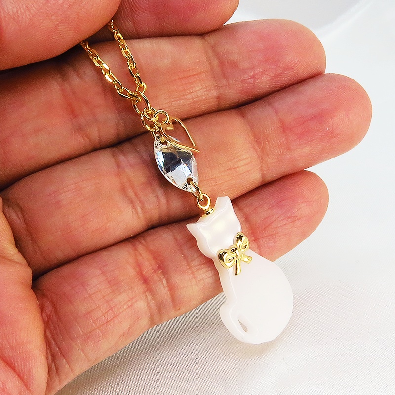 白猫シルエットモチーフとスワロフスキーの大人可愛いネックレス オープンハート 長さ・SV925変更可 アジャスター追加可