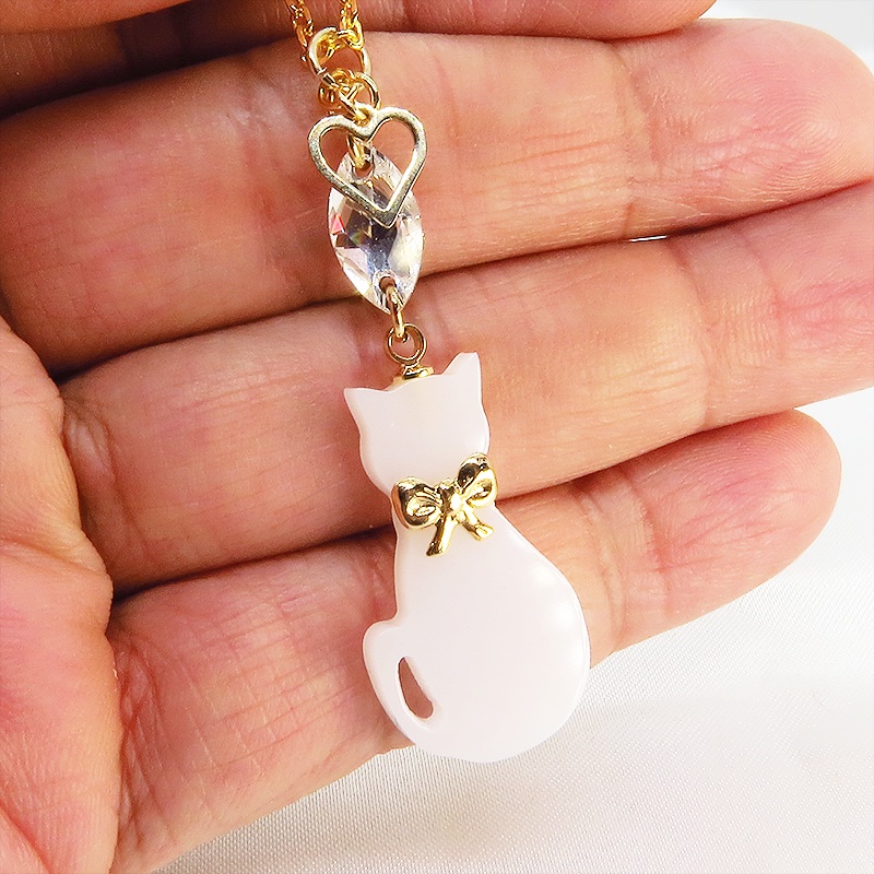 白猫シルエットモチーフとスワロフスキーの大人可愛いネックレス オープンハート 長さ・SV925変更可 アジャスター追加可