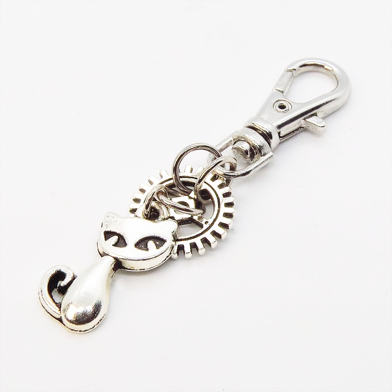 アンティークシルバー 猫と歯車のシンプルで可愛いファスナーチャーム キーホルダー バッグチャーム 金具変更可