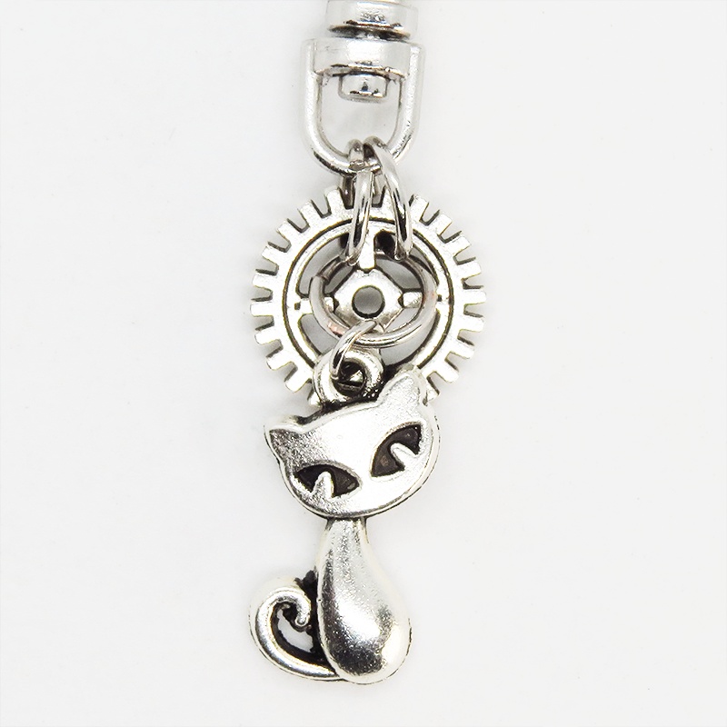 アンティークシルバー 猫と歯車のシンプルで可愛いファスナーチャーム キーホルダー バッグチャーム 金具変更可