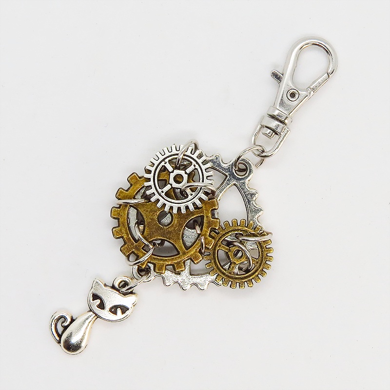 スチームパンク風 猫と複数の歯車を組み合わせたキーホルダー ファスナーチャーム バッグチャーム