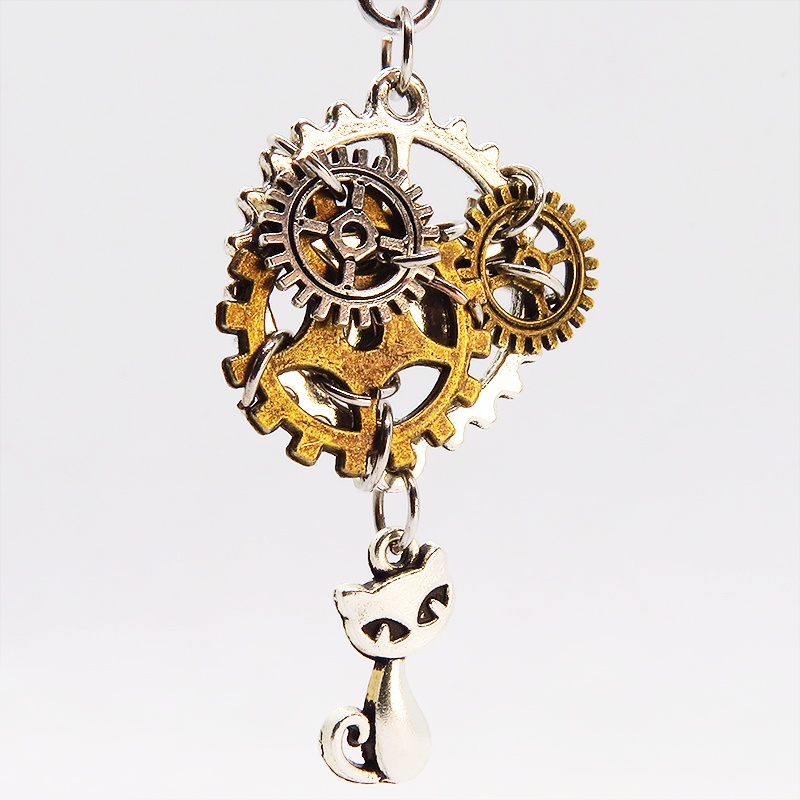 スチームパンク風 猫と複数の歯車を組み合わせたキーホルダー ファスナーチャーム バッグチャーム
