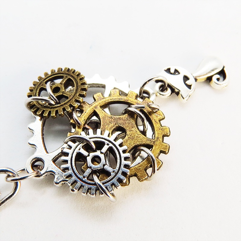 スチームパンク風 猫と複数の歯車を組み合わせたキーホルダー ファスナーチャーム バッグチャーム