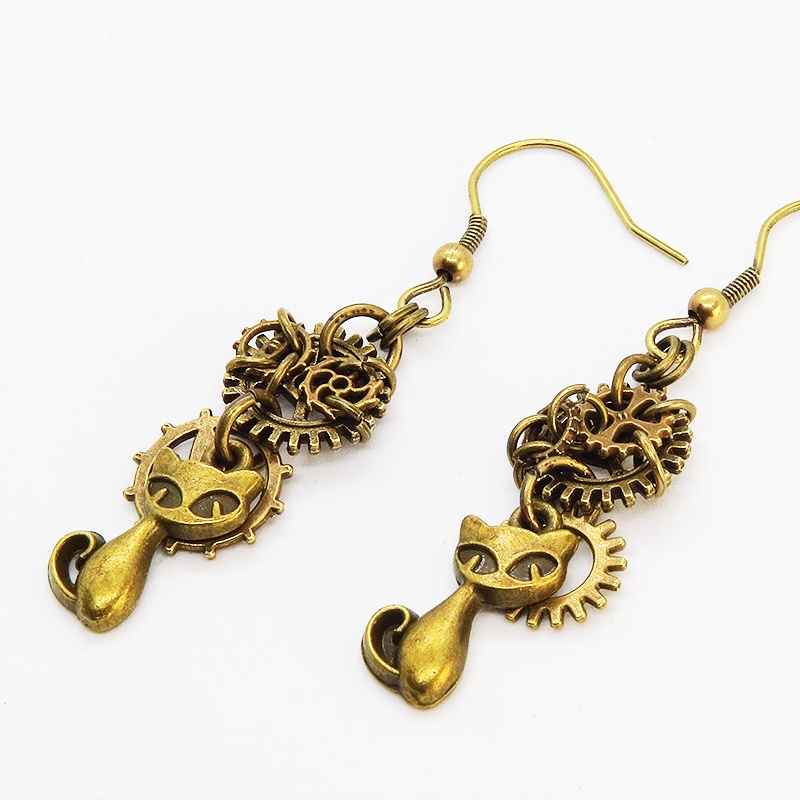 アンティークゴールド スチームパンク風 猫と複数の歯車を組み合わせたアシンメトリーピアス 非接着 スリム