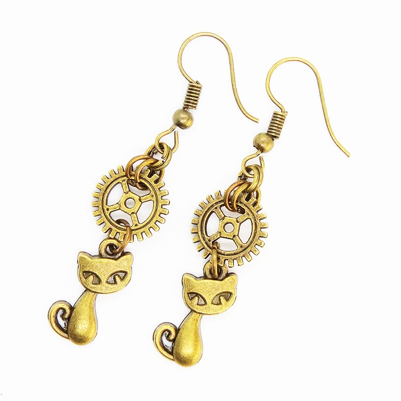 アンティークゴールド 猫とギア・歯車の可愛くカッコいいピアス 猫好き パンク ゴシック スチームパンク風