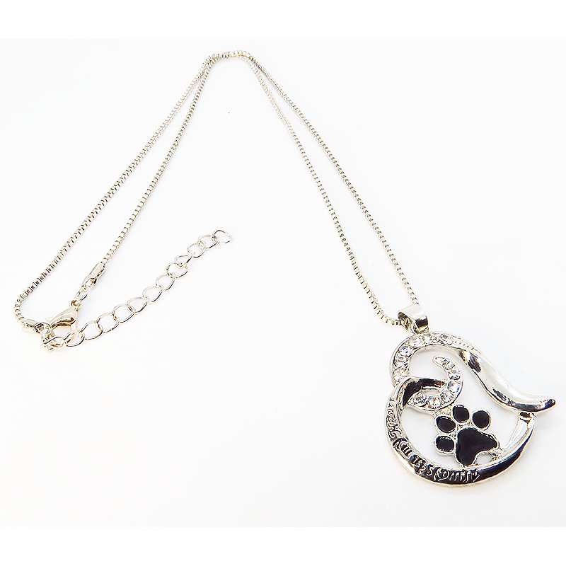 オープンハートに肉球のワンポイントのペンダント・ネックレス ラインストーン 猫好き 犬好き アジャスター付