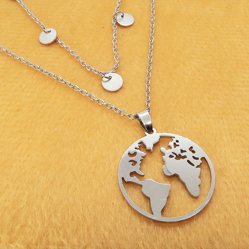 ダブルチェーン ステンレス世界地図ペンダントネックレス ロングネックレス アジャスター付