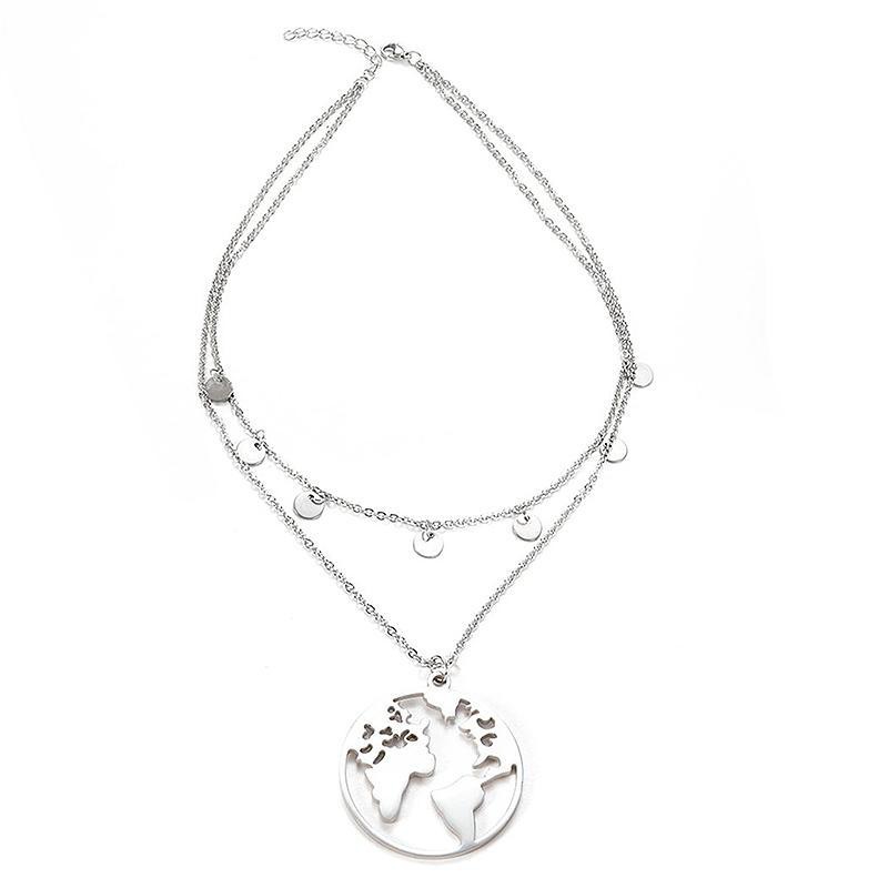 ダブルチェーン ステンレス世界地図ペンダントネックレス ロングネックレス アジャスター付