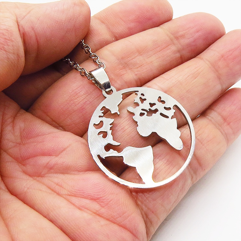 ダブルチェーン ステンレス世界地図ペンダントネックレス ロングネックレス アジャスター付