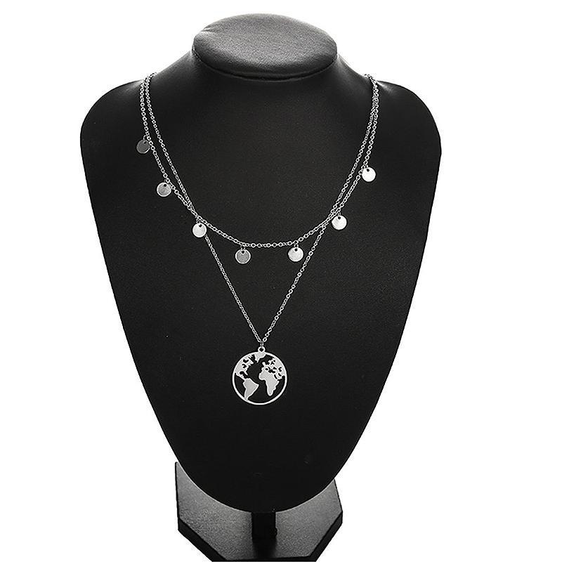 ダブルチェーン ステンレス世界地図ペンダントネックレス ロングネックレス アジャスター付