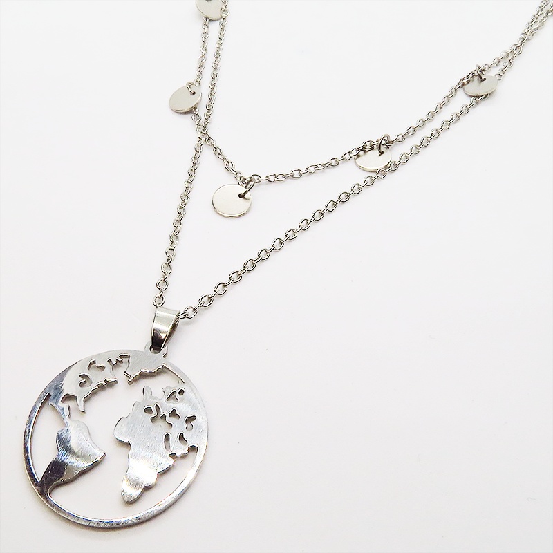 ダブルチェーン ステンレス世界地図ペンダントネックレス ロングネックレス アジャスター付