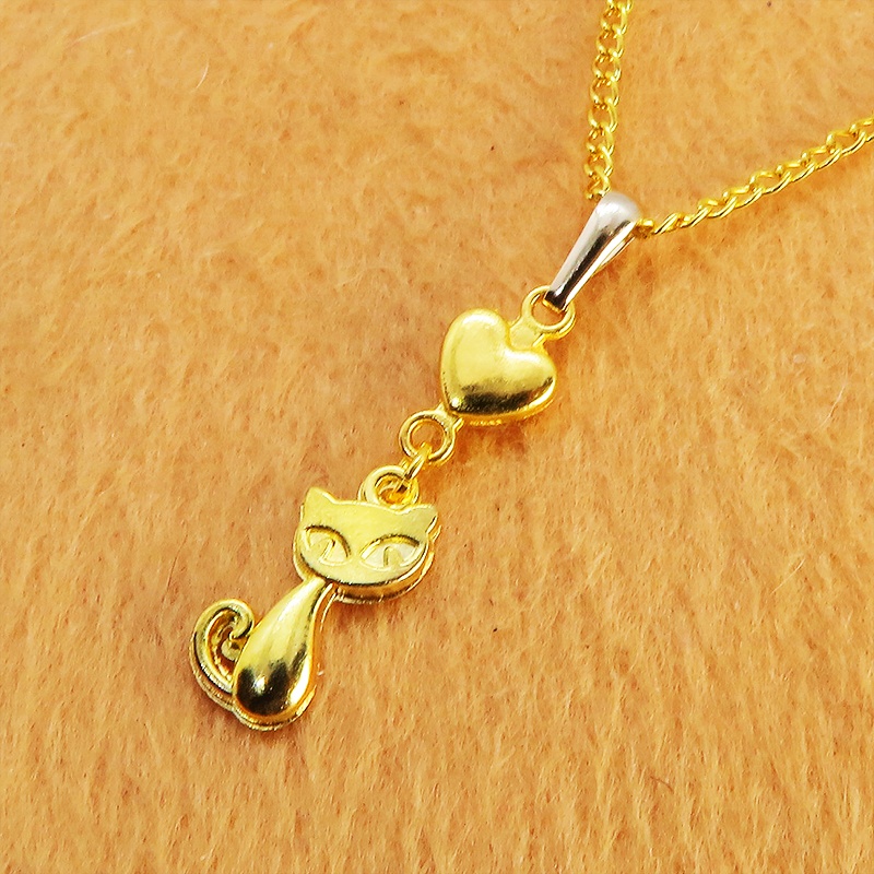 ゴールドカラーの猫とハートのシンプルでコンパクトな可愛いネックレス 長さ変更可 SV925 18KGC変更可