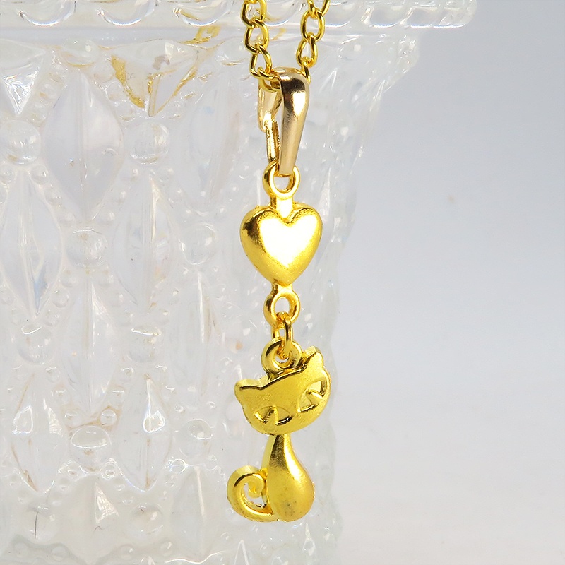 ゴールドカラーの猫とハートのシンプルでコンパクトな可愛いネックレス 長さ変更可 SV925 18KGC変更可