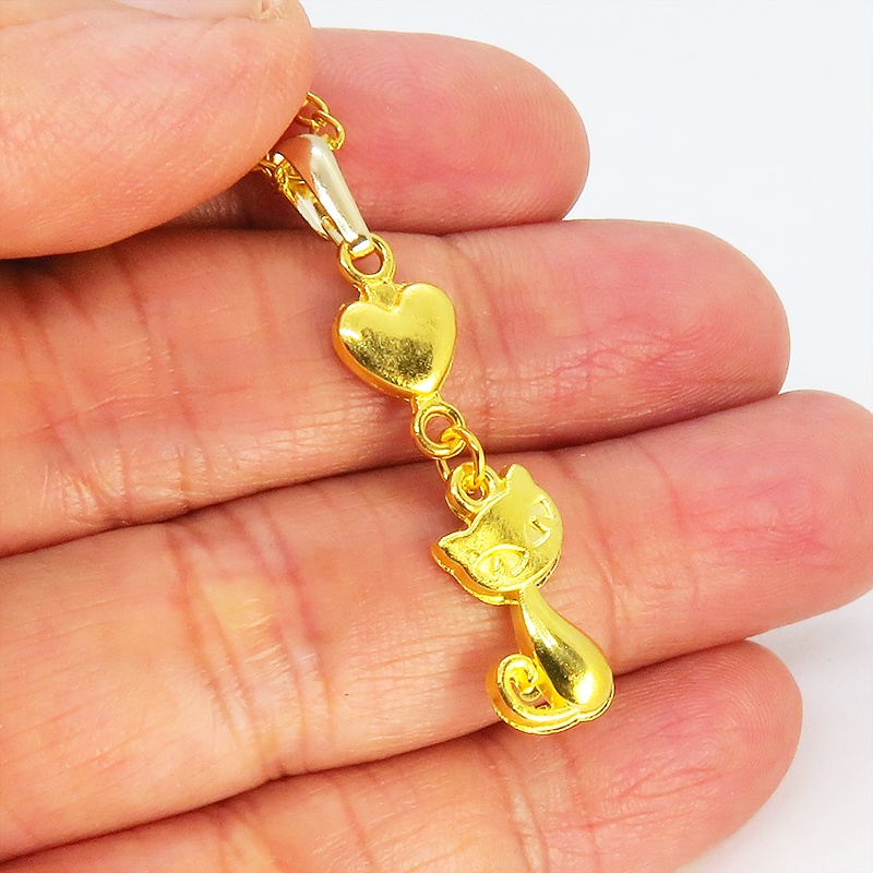 ゴールドカラーの猫とハートのシンプルでコンパクトな可愛いネックレス 長さ変更可 SV925 18KGC変更可