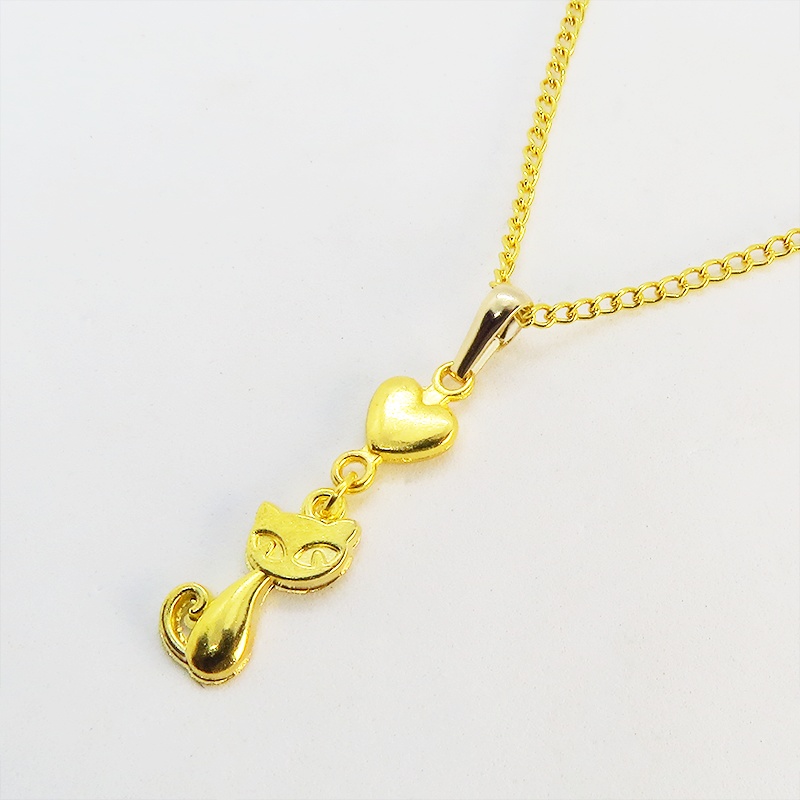 ゴールドカラーの猫とハートのシンプルでコンパクトな可愛いネックレス 長さ変更可 SV925 18KGC変更可