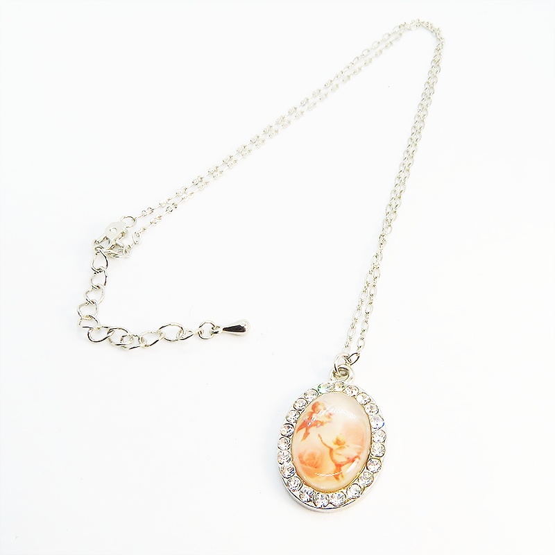 ピンクのバラの描かれたエレガントできらびやかなペンダント・ネックレス ラインストーン