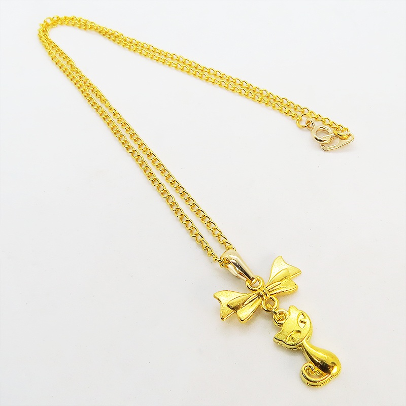 ゴールドカラーの猫とリボンのシンプルで可愛いネックレス 長さ変更可 SV925 18KGC変更可 アジャスター可