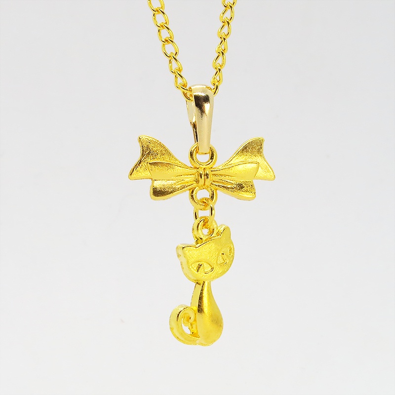 ゴールドカラーの猫とリボンのシンプルで可愛いネックレス 長さ変更可 SV925 18KGC変更可 アジャスター可