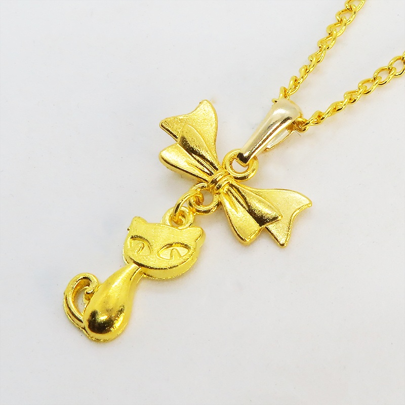 ゴールドカラーの猫とリボンのシンプルで可愛いネックレス 長さ変更可 SV925 18KGC変更可 アジャスター可