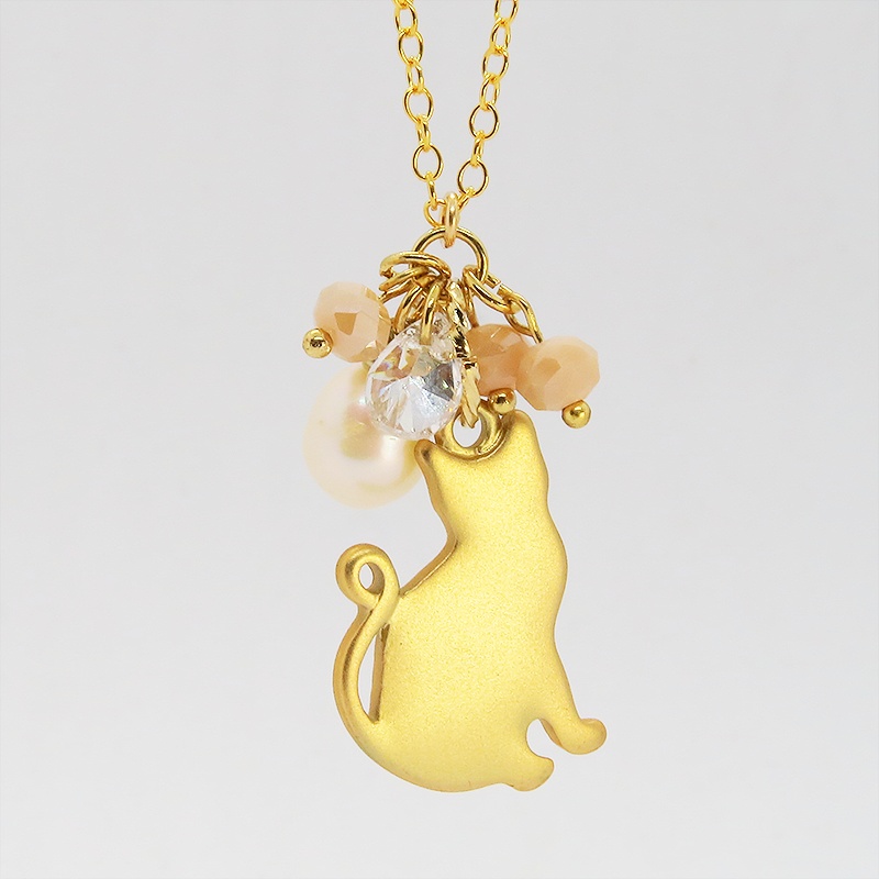 【再販】14KGF ゴールド 猫シルエットモチーフのペンダントネックレス 淡水パール キュービックジルコニ