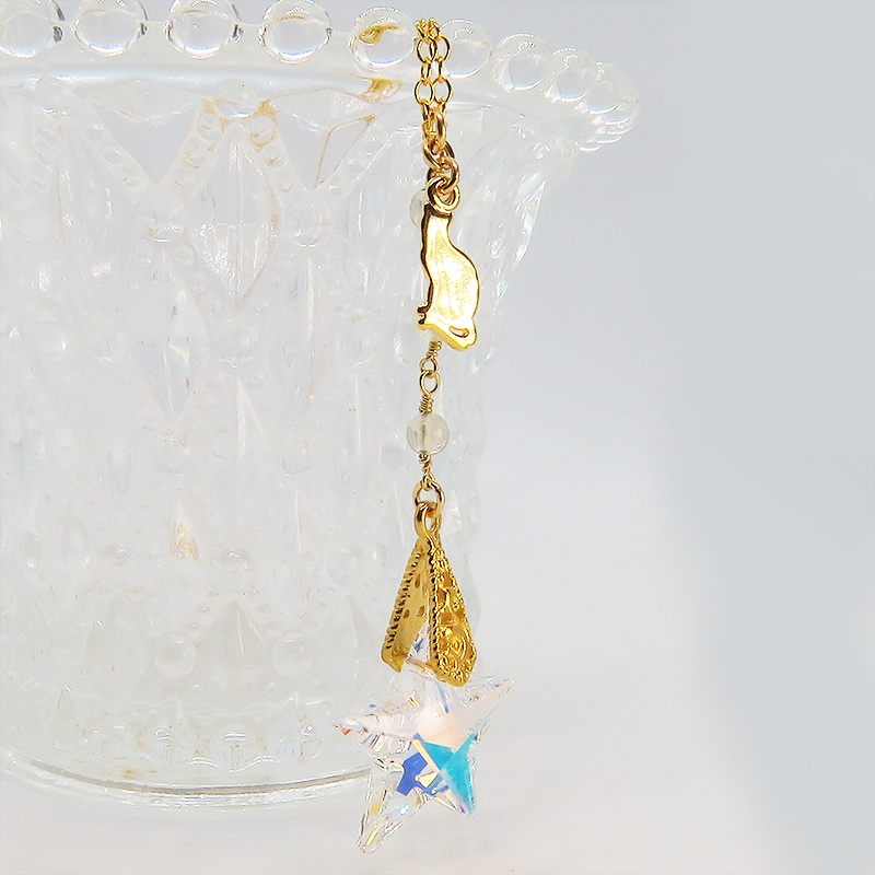 14KGF 猫モチーフネックレス 大粒星型スワロフスキー レモンクオーツ 14Kゴールドフィルド