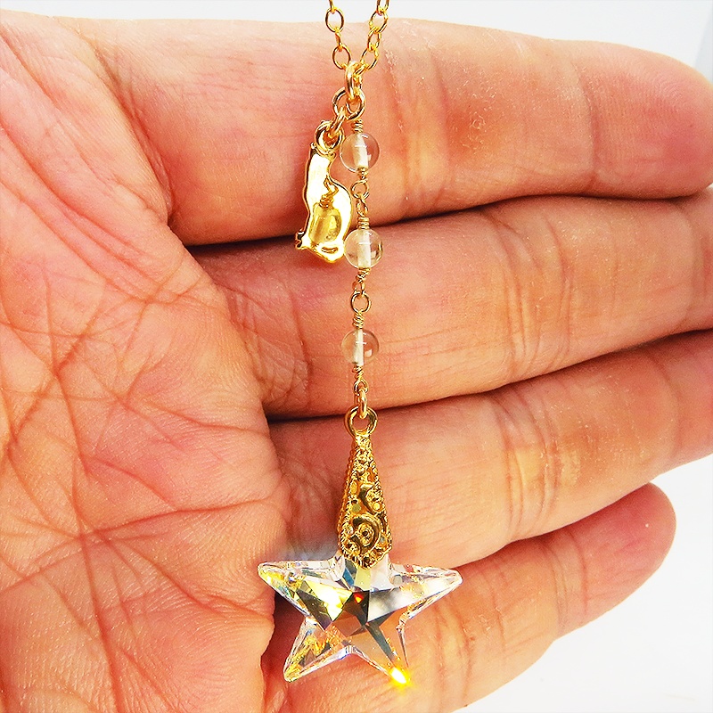14KGF 猫モチーフネックレス 大粒星型スワロフスキー レモンクオーツ 14Kゴールドフィルド
