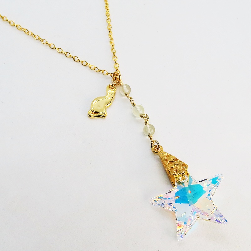14KGF 猫モチーフネックレス 大粒星型スワロフスキー レモンクオーツ 14Kゴールドフィルド