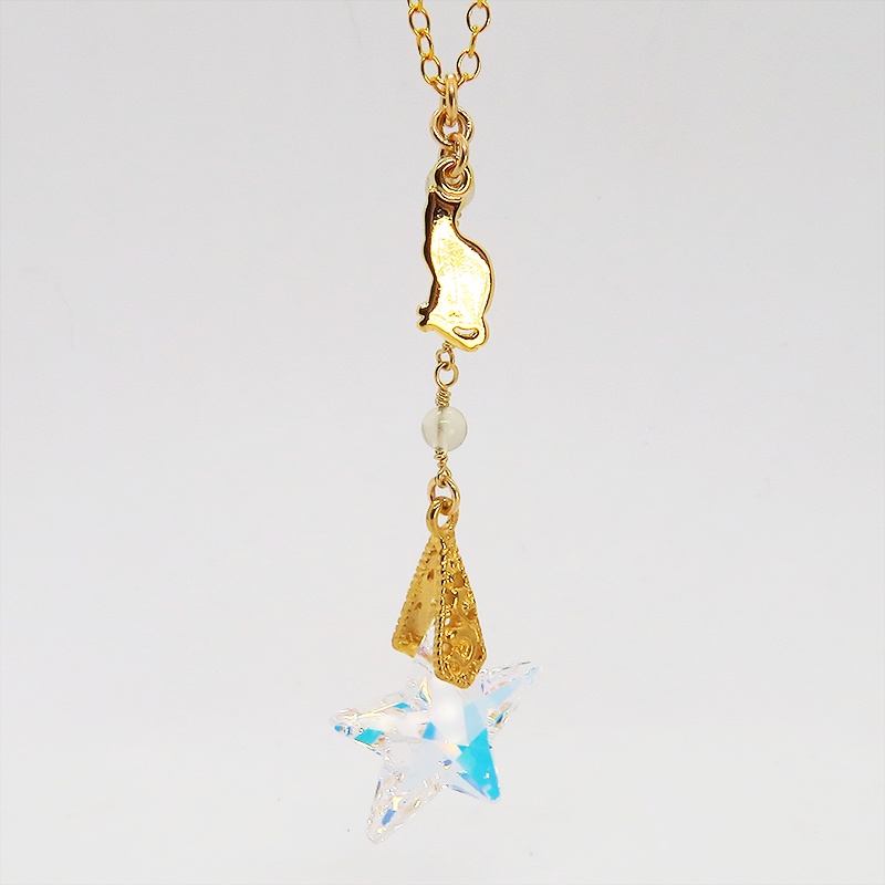 14KGF 猫モチーフネックレス 大粒星型スワロフスキー レモンクオーツ 14Kゴールドフィルド