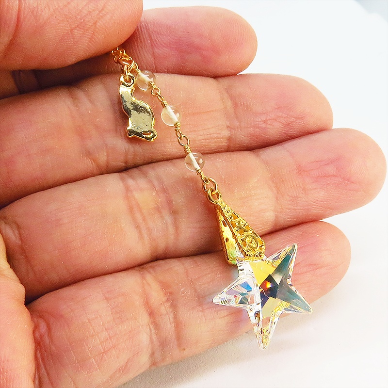 14KGF 猫モチーフネックレス 大粒星型スワロフスキー レモンクオーツ 14Kゴールドフィルド