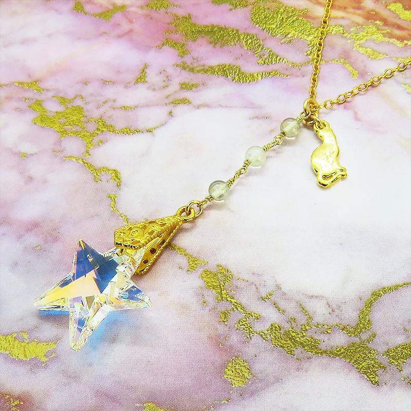 14KGF 猫モチーフネックレス 大粒星型スワロフスキー レモンクオーツ 14Kゴールドフィルド