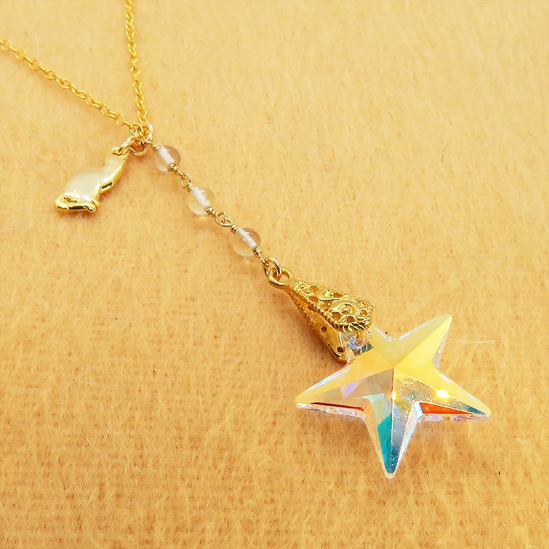 14KGF 猫モチーフネックレス 大粒星型スワロフスキー レモンクオーツ 14Kゴールドフィルド