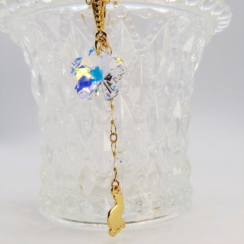 14KGF 猫モチーフネックレス 大粒花びらのスワロフスキー レモンクオーツ シルバー925 14金ゴールドフィルド