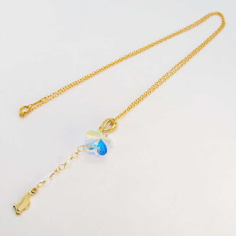 14KGF 猫モチーフネックレス 大粒花びらのスワロフスキー レモンクオーツ シルバー925 14金ゴールドフィルド