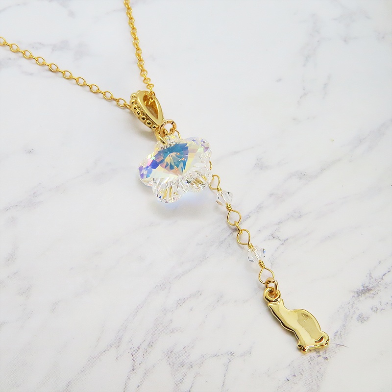 14KGF 猫モチーフネックレス 大粒花びらのスワロフスキー レモンクオーツ シルバー925 14金ゴールドフィルド