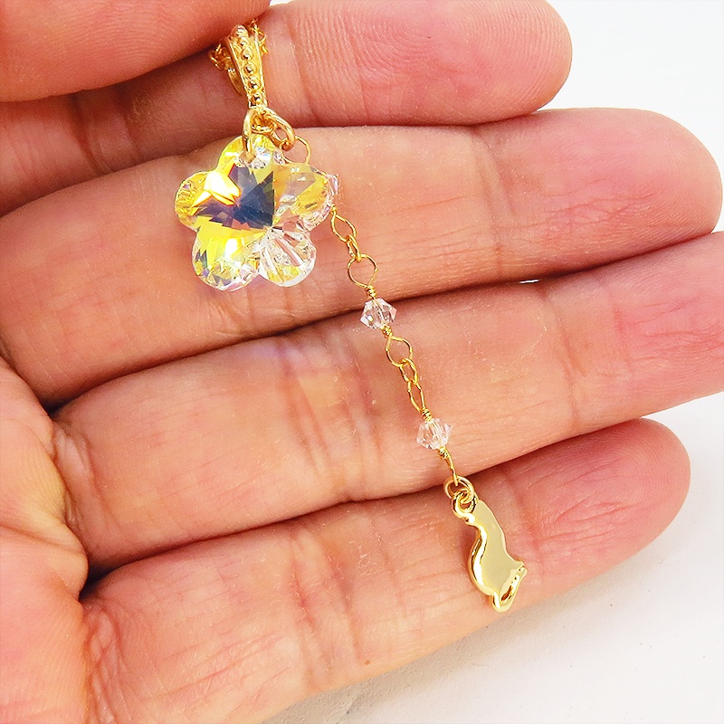 14KGF 猫モチーフネックレス 大粒花びらのスワロフスキー レモンクオーツ シルバー925 14金ゴールドフィルド