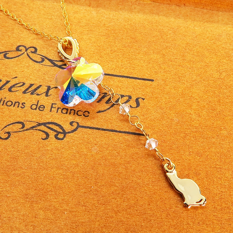 14KGF 猫モチーフネックレス 大粒花びらのスワロフスキー レモンクオーツ シルバー925 14金ゴールドフィルド