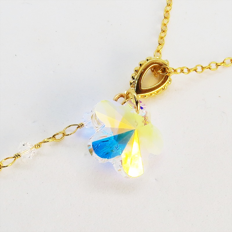 14KGF 猫モチーフネックレス 大粒花びらのスワロフスキー レモンクオーツ シルバー925 14金ゴールドフィルド