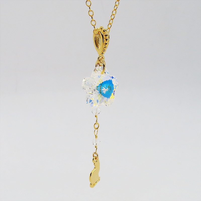 14KGF 猫モチーフネックレス 大粒花びらのスワロフスキー レモンクオーツ シルバー925 14金ゴールドフィルド