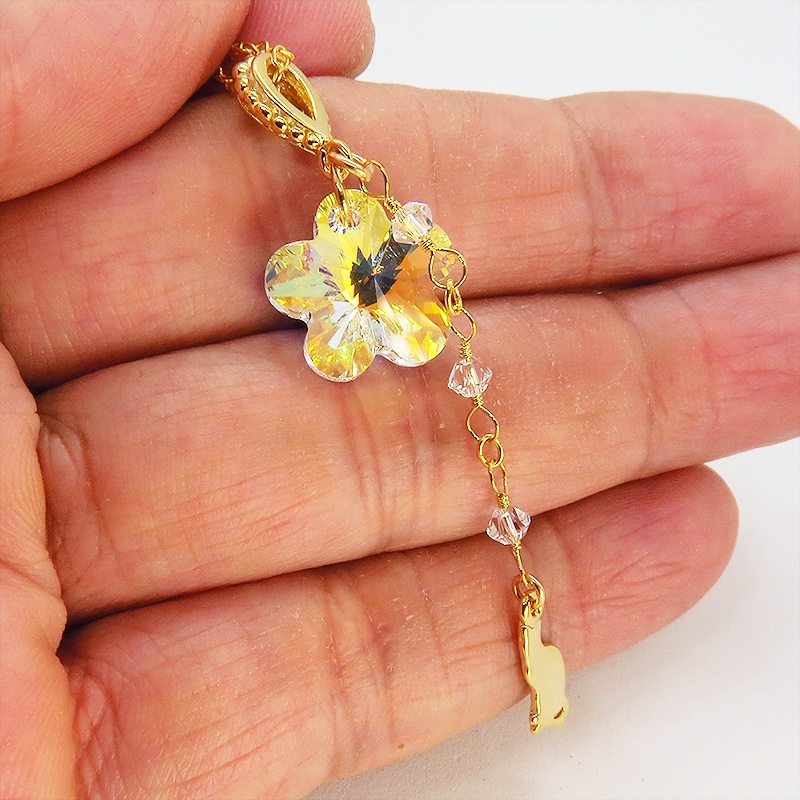 14KGF 猫モチーフネックレス 大粒花びらのスワロフスキー レモンクオーツ シルバー925 14金ゴールドフィルド