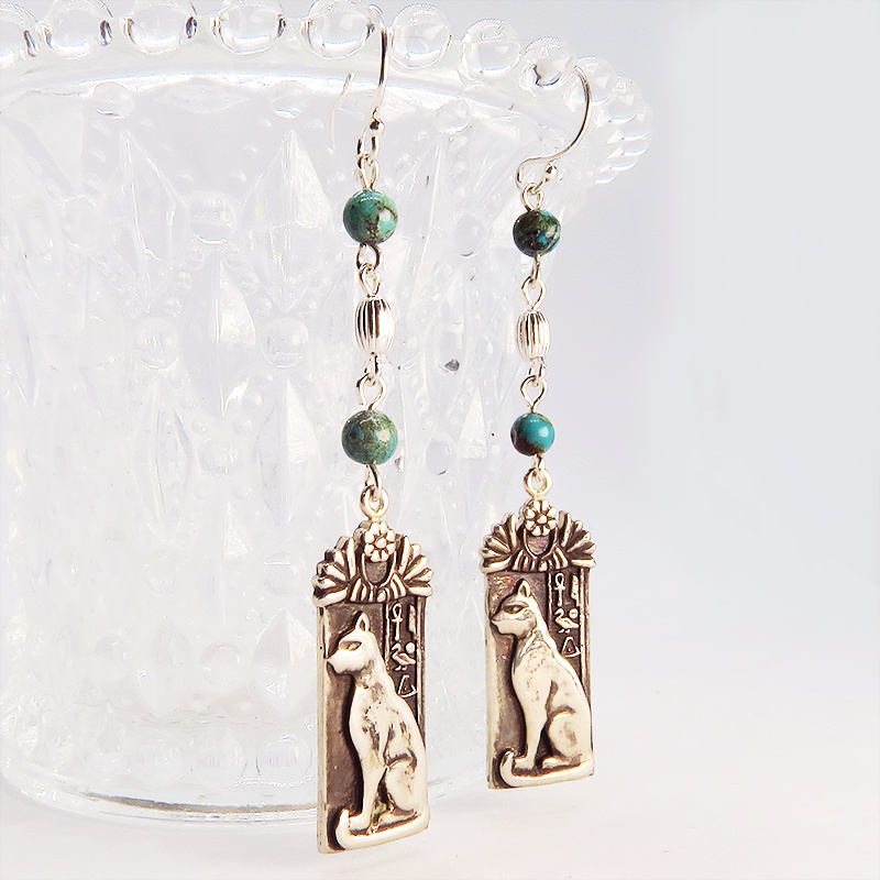 プレート タグ フックピアス 猫の女神バステト 古代エジプト シルバー925 ターコイズ