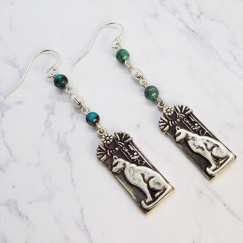 プレート タグ フックピアス 猫の女神バステト 古代エジプト シルバー925 ターコイズ