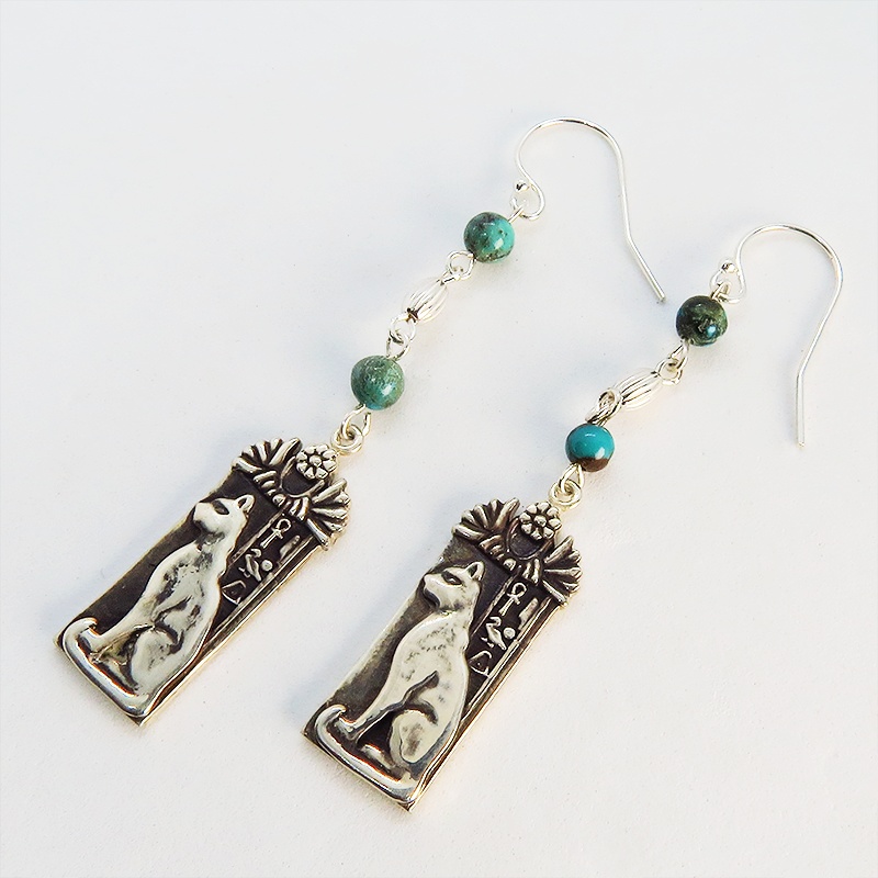 プレート タグ フックピアス 猫の女神バステト 古代エジプト シルバー925 ターコイズ