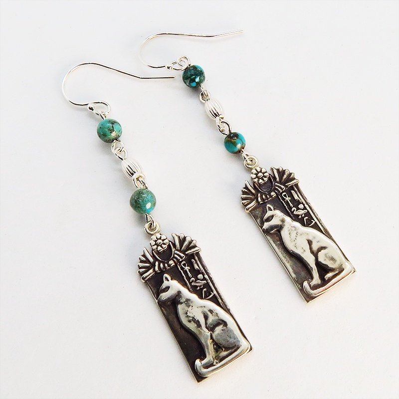 プレート タグ フックピアス 猫の女神バステト 古代エジプト シルバー925 ターコイズ