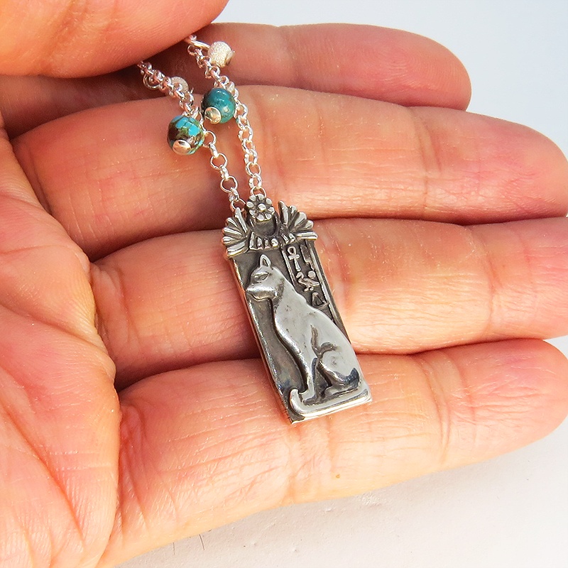 プレート タグ ペンダント ネックレス 猫の神様バステト エジプト神 シルバー925 ターコイズ(トルコ石) アンティーク