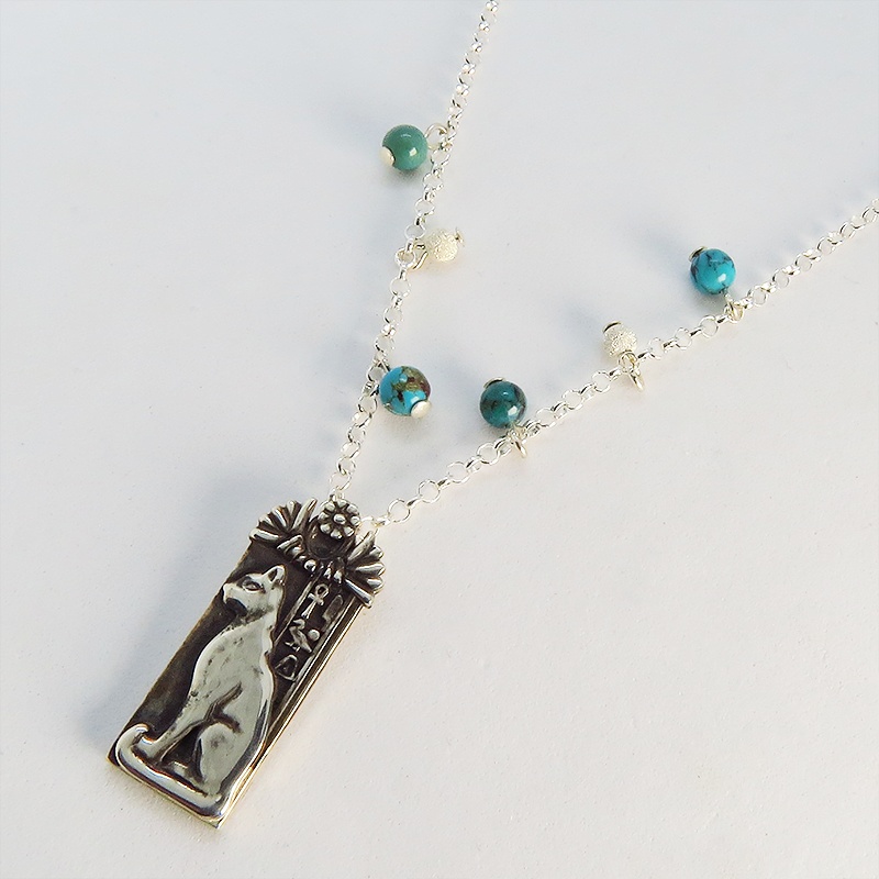プレート タグ ペンダント ネックレス 猫の神様バステト エジプト神 シルバー925 ターコイズ(トルコ石) アンティーク