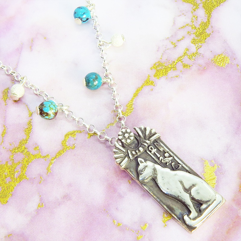 プレート タグ ペンダント ネックレス 猫の神様バステト エジプト神 シルバー925 ターコイズ(トルコ石) アンティーク