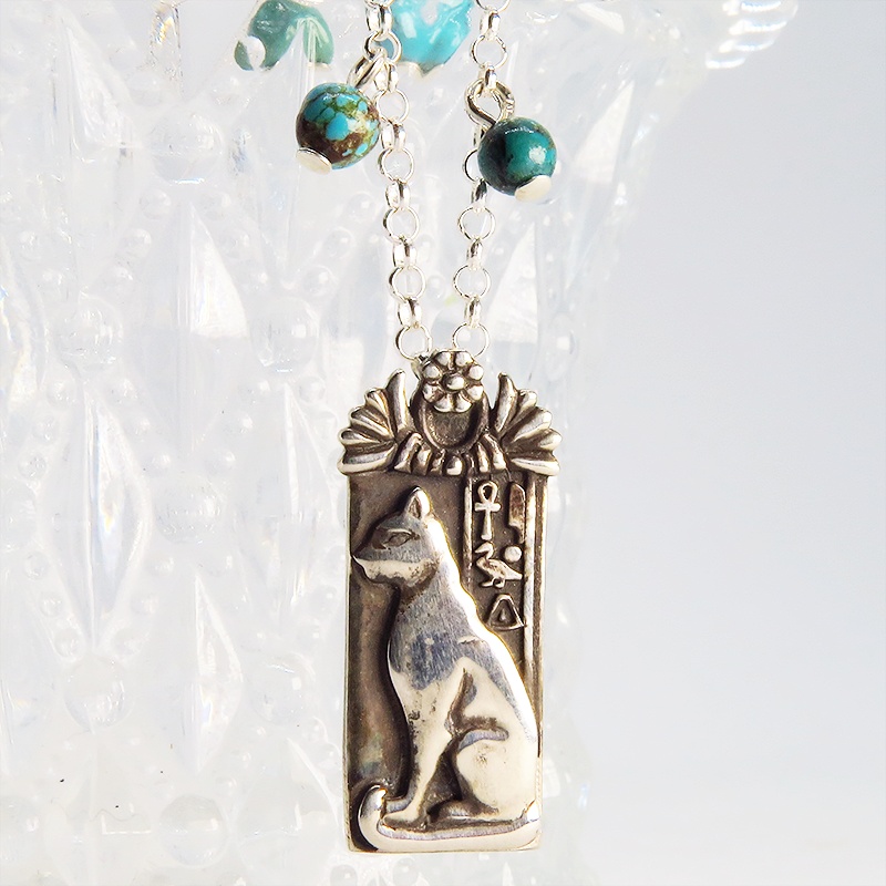 プレート タグ ペンダント ネックレス 猫の神様バステト エジプト神 シルバー925 ターコイズ(トルコ石) アンティーク